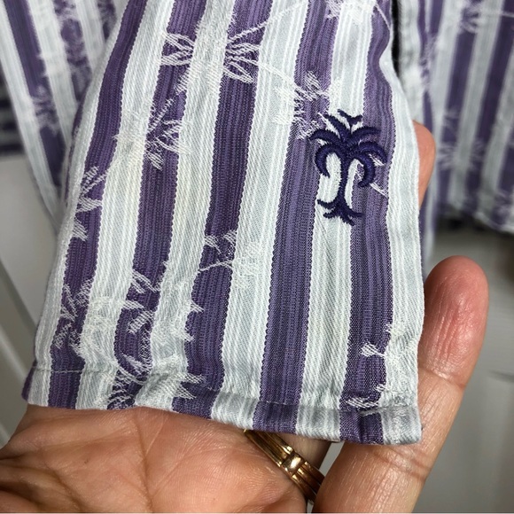 Tommy Bahama Cotton Silk Blend Purple White Palm Embroidered Button Up Shirt L - Picture 3 of 12